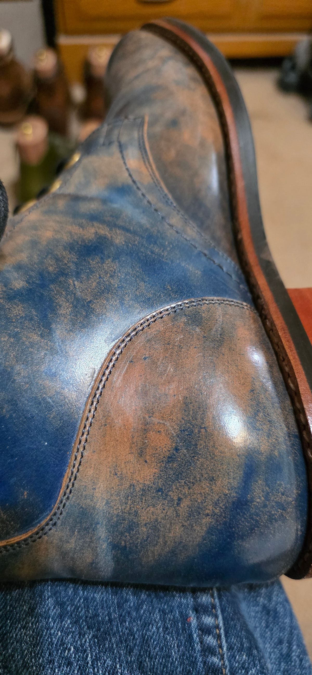 Photo by mknewman on August 12, 2025 of the Blkbrd Shoemaker Ocean in Rocado - "Marbled" Shell Cordovan - Veg Tanned (Ocean).