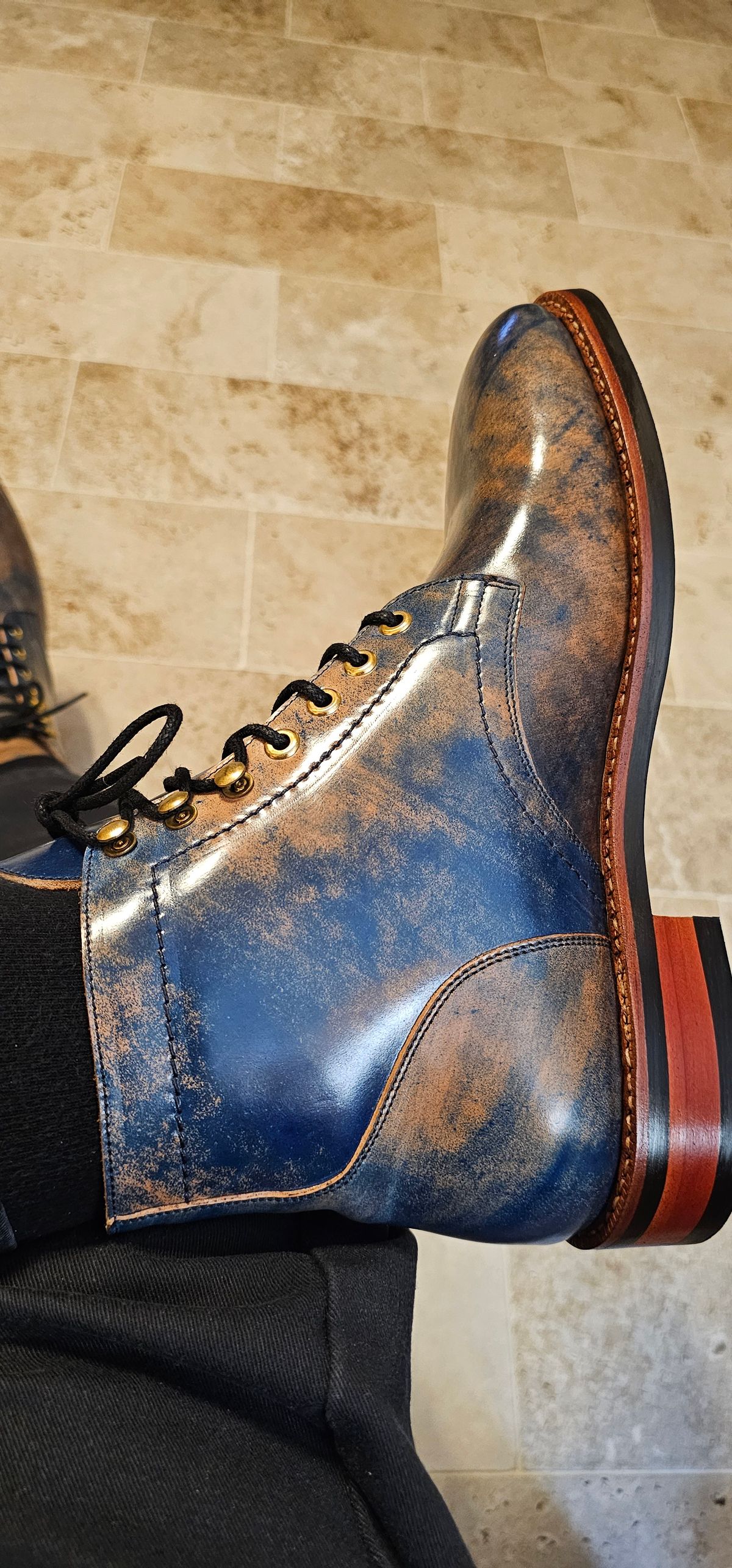 Photo by mknewman on February 18, 2025 of the Blkbrd Shoemaker Custom Model in Rocado Ultraviolet Marbled Shell Cordovan.