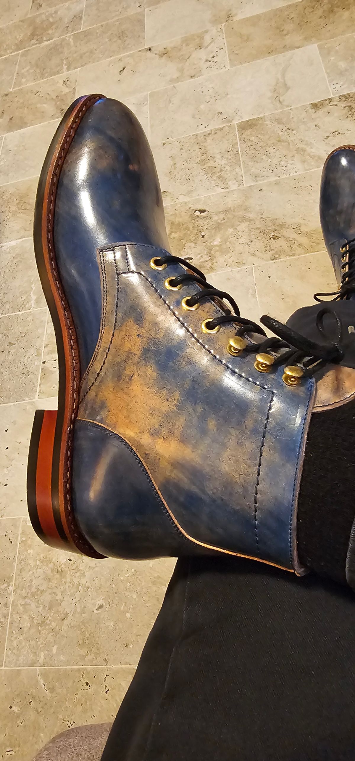 Photo by mknewman on February 18, 2025 of the Blkbrd Shoemaker Custom Model in Rocado Ultraviolet Marbled Shell Cordovan.