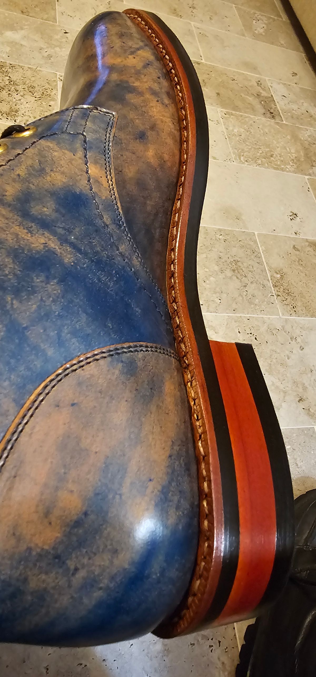 Photo by mknewman on February 18, 2025 of the Blkbrd Shoemaker Custom Model in Rocado Ultraviolet Marbled Shell Cordovan.