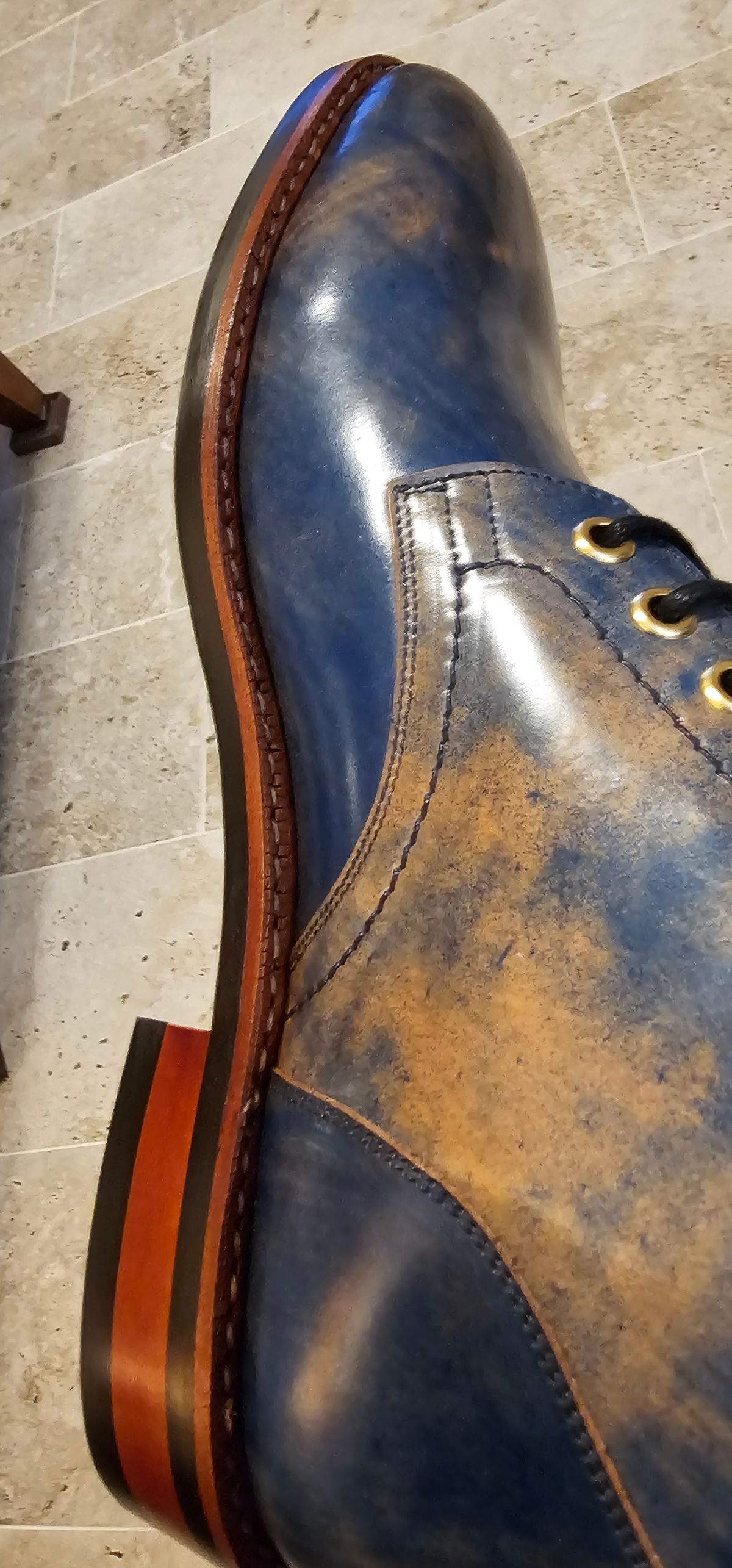 Photo by mknewman on February 18, 2025 of the Blkbrd Shoemaker Custom Model in Rocado Ultraviolet Marbled Shell Cordovan.
