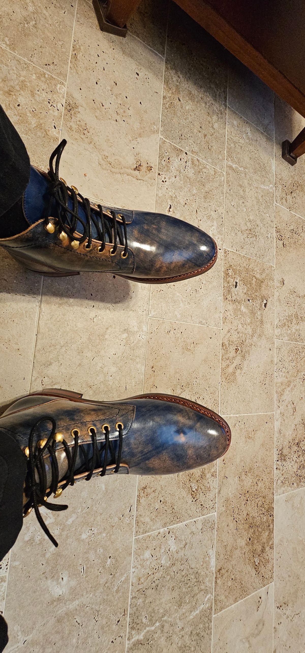 Photo by mknewman on February 18, 2025 of the Blkbrd Shoemaker Custom Model in Rocado Ultraviolet Marbled Shell Cordovan.