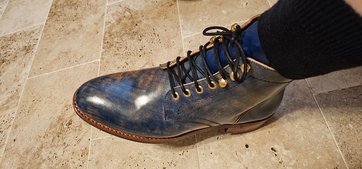 Photo by mknewman on February 18, 2025 of the Blkbrd Shoemaker Custom Model in Rocado Ultraviolet Marbled Shell Cordovan.