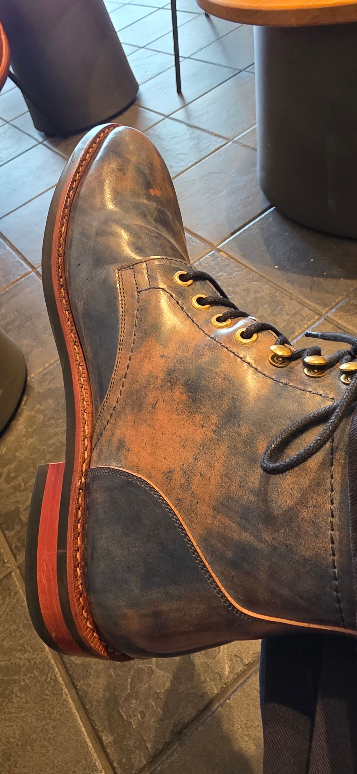 Photo by mknewman on June 1, 2025 of the Blkbrd Shoemaker Custom Model in Rocado Ultraviolet Marbled Shell Cordovan.