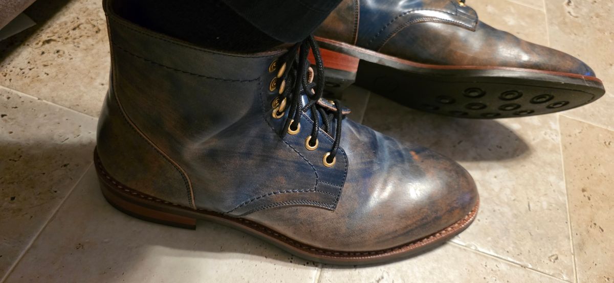 Photo by mknewman on June 9, 2025 of the Blkbrd Shoemaker Custom Model in Rocado Ultraviolet Marbled Shell Cordovan.