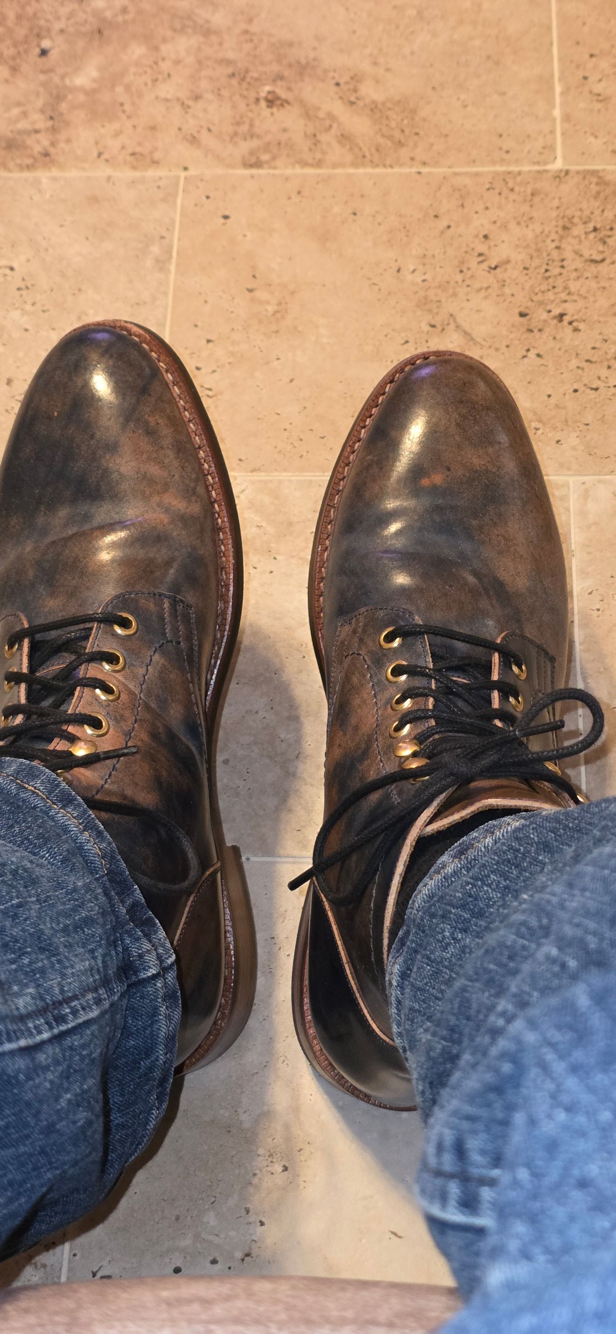 Photo by mknewman on September 9, 2025 of the Blkbrd Shoemaker Ocean in Rocado - "Marbled" Shell Cordovan - Veg Tanned (Ocean).