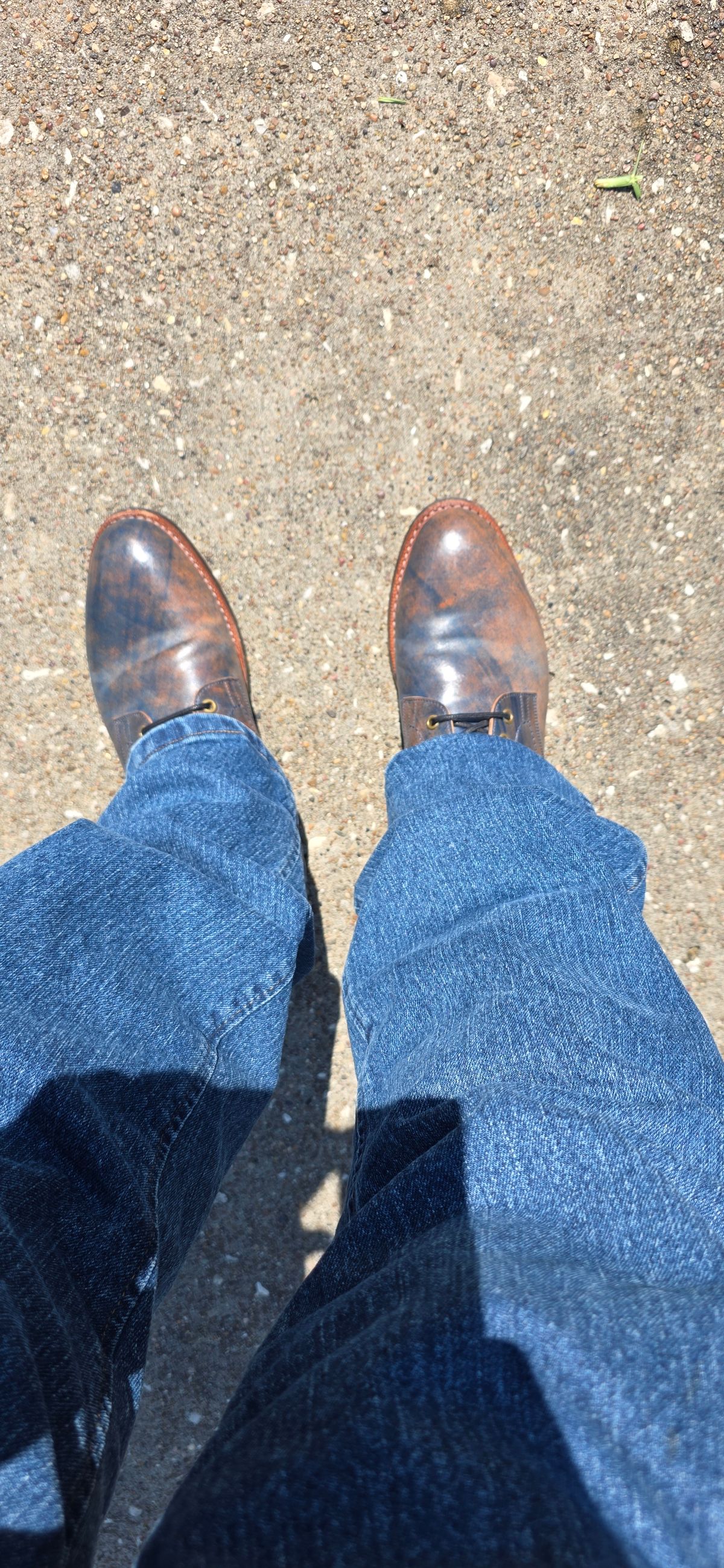 Photo by mknewman on October 7, 2025 of the Blkbrd Shoemaker Ocean in Rocado - "Marbled" Shell Cordovan - Veg Tanned (Ocean).