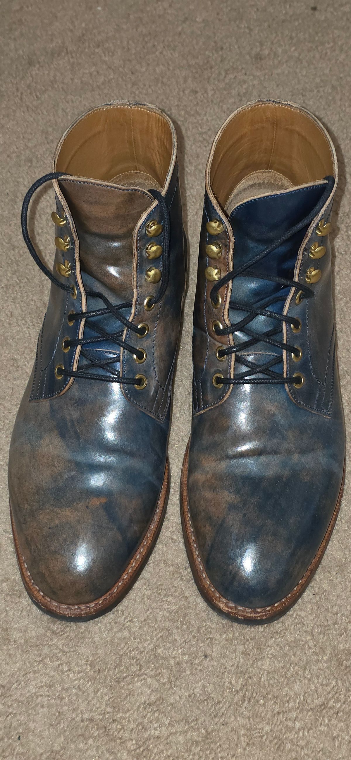 Photo by mknewman on October 26, 2025 of the Blkbrd Shoemaker Ocean in Rocado - "Marbled" Shell Cordovan - Veg Tanned (Ocean).