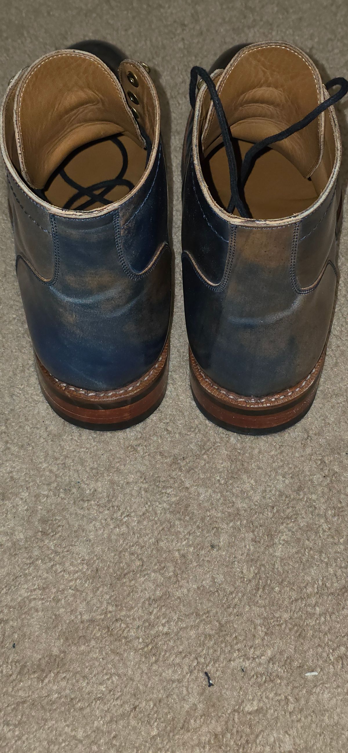 Photo by mknewman on October 26, 2025 of the Blkbrd Shoemaker Ocean in Rocado - "Marbled" Shell Cordovan - Veg Tanned (Ocean).