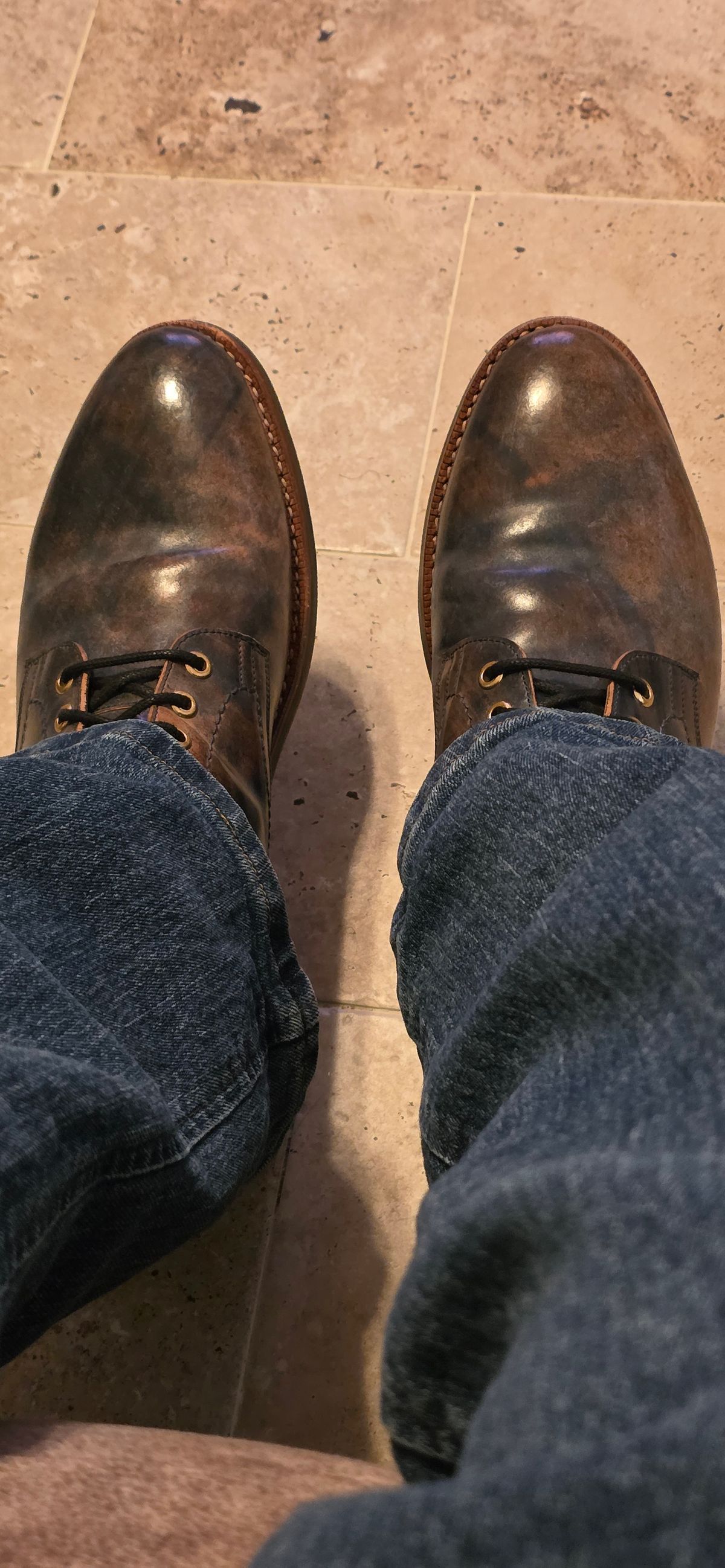 Photo by mknewman on November 5, 2025 of the Blkbrd Shoemaker Ocean in Rocado - "Marbled" Shell Cordovan - Veg Tanned (Ocean).