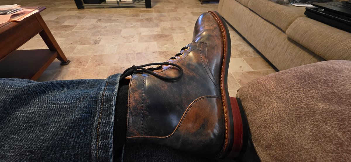 Photo by mknewman on November 5, 2025 of the Blkbrd Shoemaker Ocean in Rocado - "Marbled" Shell Cordovan - Veg Tanned (Ocean).