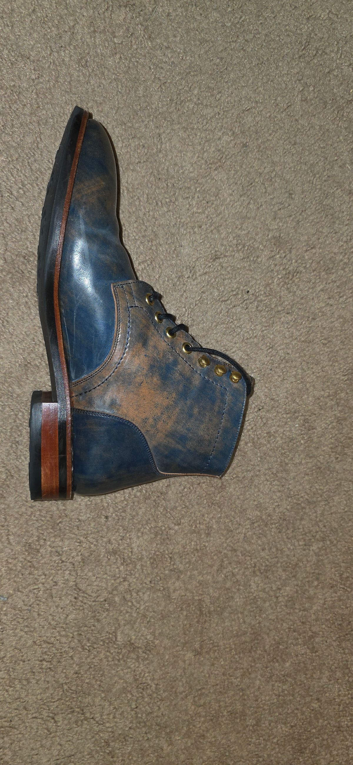 Photo by mknewman on November 23, 2025 of the Blkbrd Shoemaker Ocean in Rocado - "Marbled" Shell Cordovan - Veg Tanned (Ocean).