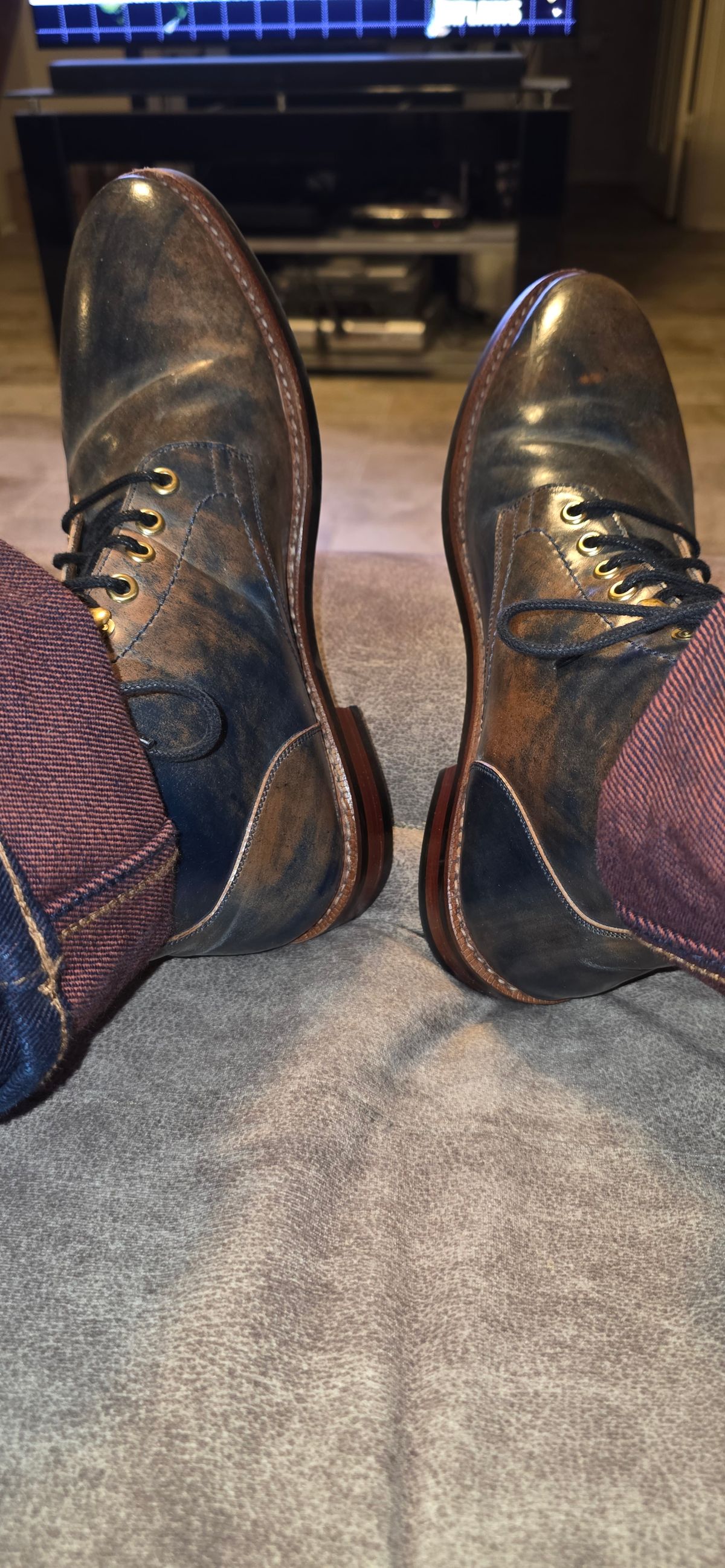 Photo by mknewman on December 16, 2025 of the Blkbrd Shoemaker Ocean in Rocado - "Marbled" Shell Cordovan - Veg Tanned (Ocean).