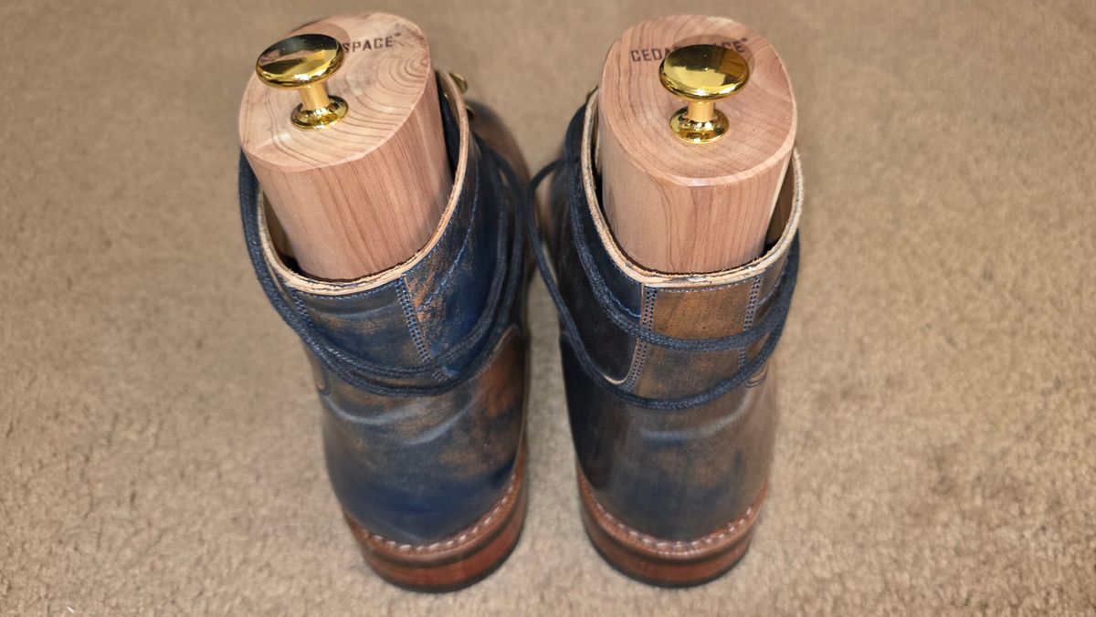 Photo by mknewman on January 1, 2026 of the Blkbrd Shoemaker Ocean in Rocado - "Marbled" Shell Cordovan - Veg Tanned (Ocean).