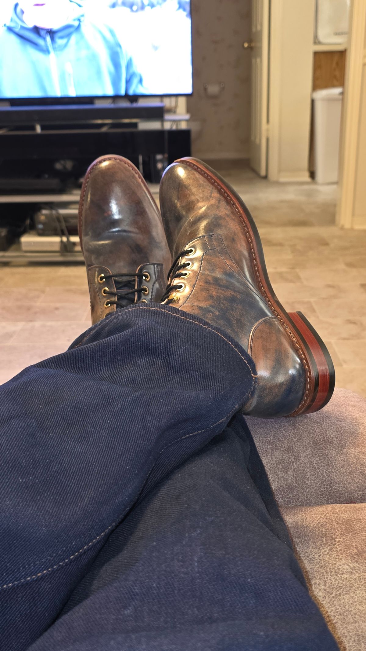 Photo by mknewman on January 4, 2026 of the Blkbrd Shoemaker Ocean in Rocado - "Marbled" Shell Cordovan - Veg Tanned (Ocean).