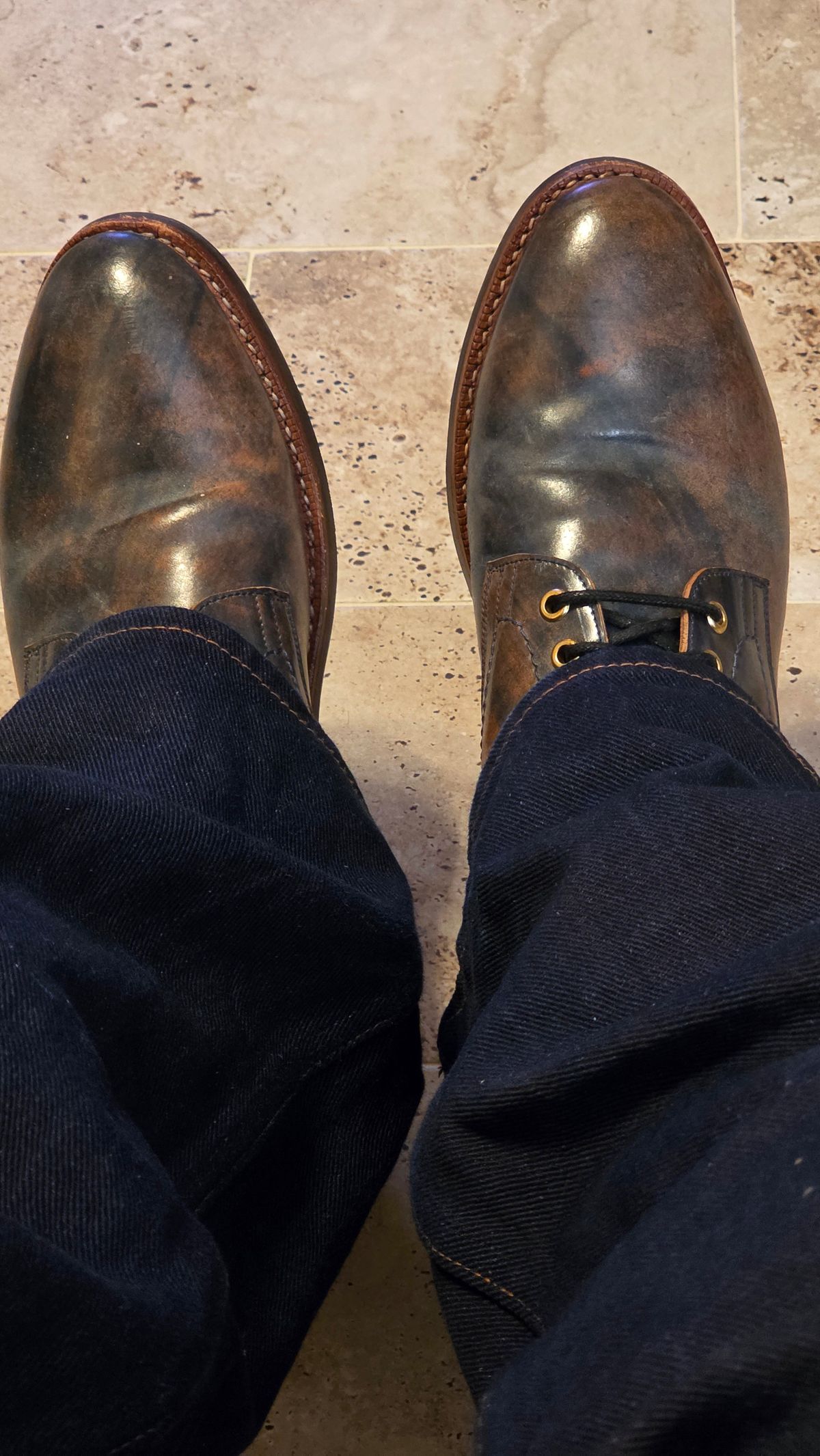 Photo by mknewman on January 20, 2026 of the Blkbrd Shoemaker Ocean in Rocado - "Marbled" Shell Cordovan - Veg Tanned (Ocean).