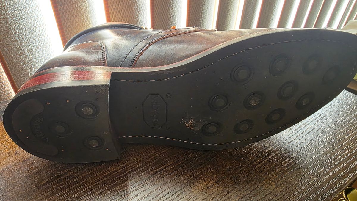 Photo by mknewman on March 1, 2026 of the Blkbrd Shoemaker Ocean in Rocado - "Marbled" Shell Cordovan - Veg Tanned (Ocean).