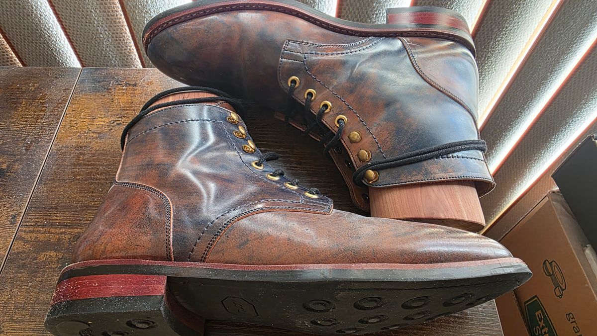 Photo by mknewman on March 1, 2026 of the Blkbrd Shoemaker Ocean in Rocado - "Marbled" Shell Cordovan - Veg Tanned (Ocean).