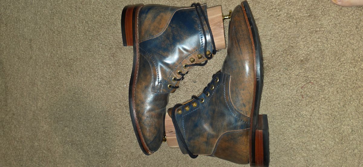 Photo by mknewman on April 1, 2026 of the Blkbrd Shoemaker Ocean in Rocado - "Marbled" Shell Cordovan - Veg Tanned (Ocean).
