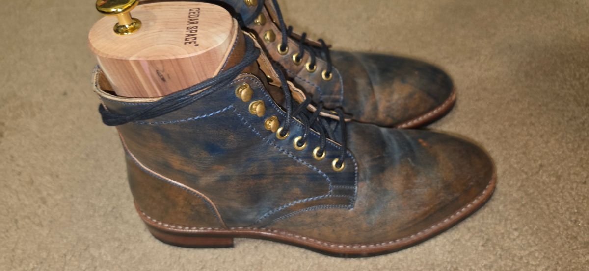 Photo by mknewman on April 1, 2026 of the Blkbrd Shoemaker Ocean in Rocado - "Marbled" Shell Cordovan - Veg Tanned (Ocean).