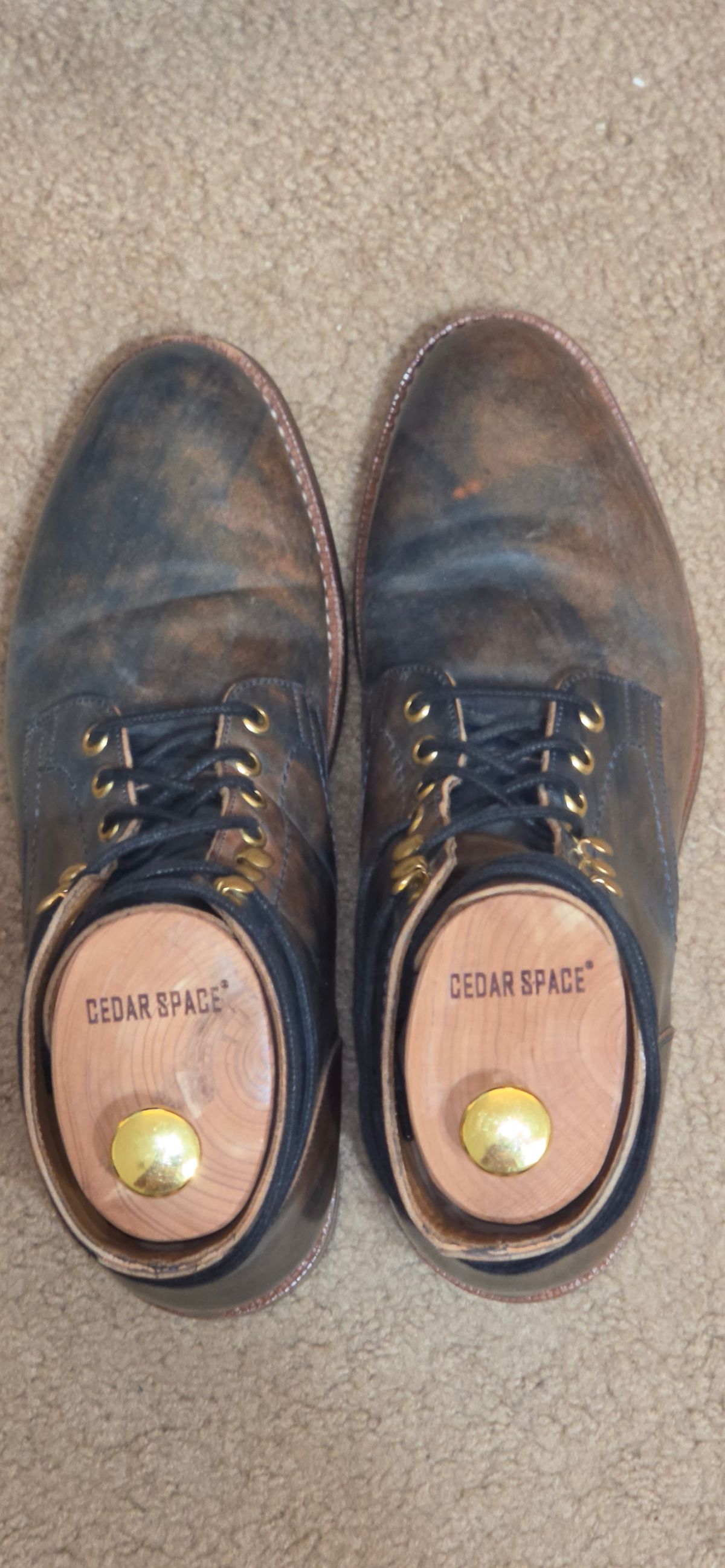 Photo by mknewman on April 1, 2026 of the Blkbrd Shoemaker Ocean in Rocado - "Marbled" Shell Cordovan - Veg Tanned (Ocean).