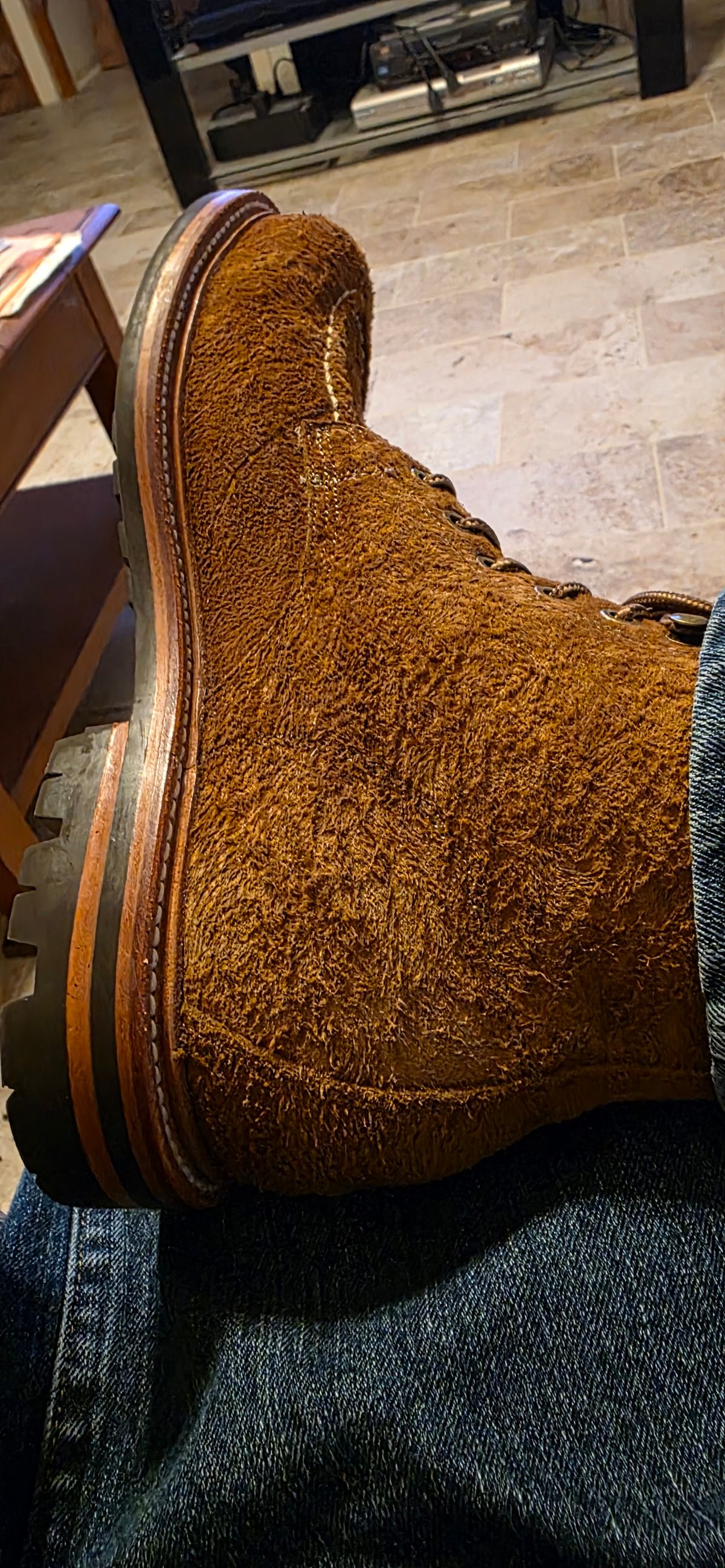 Photo by mknewman on September 30, 2025 of the Grant Stone Brass Boot in C.F. Stead Bronze Rough Mohawk.