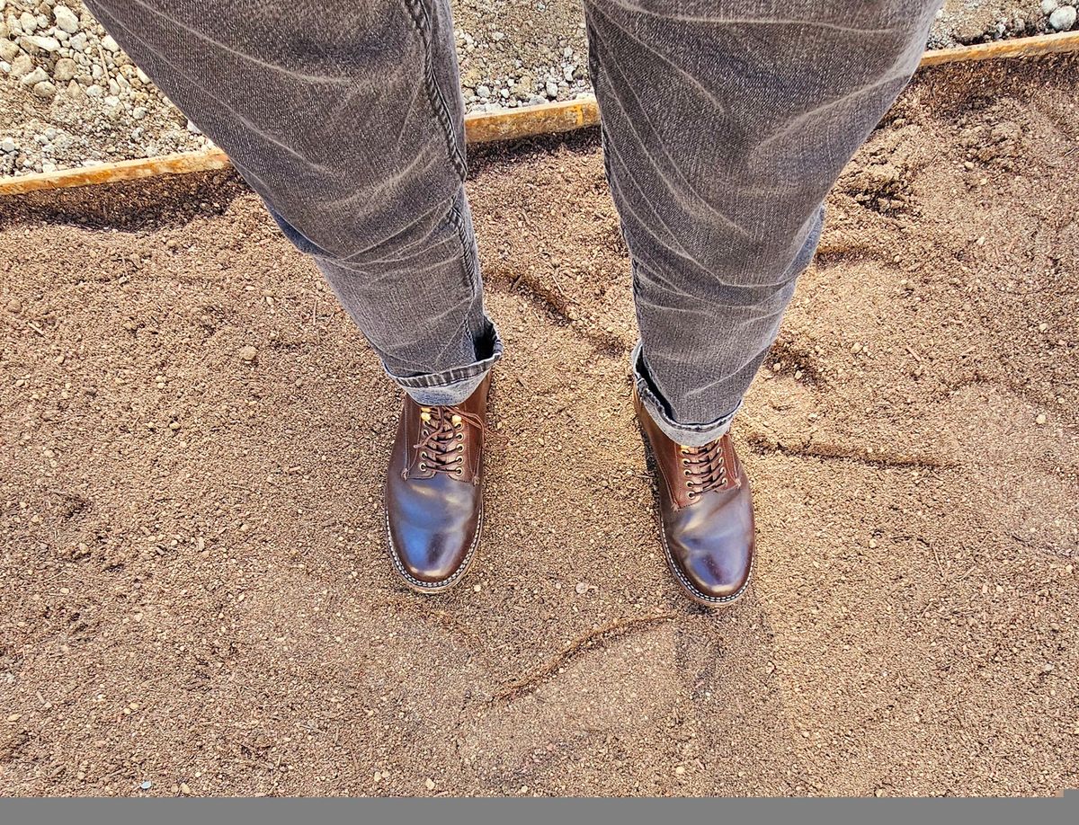 Photo by LeeRoss on December 5, 2024 of the Al's Attire Hand Made Type 1 Service Boot in Horween Brown Chromexcel Horsehide.
