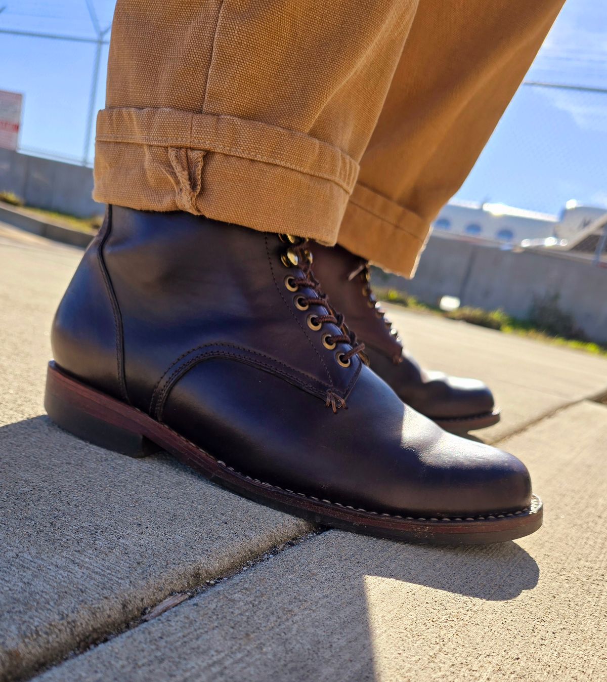 Photo by LeeRoss on January 13, 2025 of the Al's Attire Hand Made Type 1 Service Boot in Horween Brown Chromexcel Horsehide.