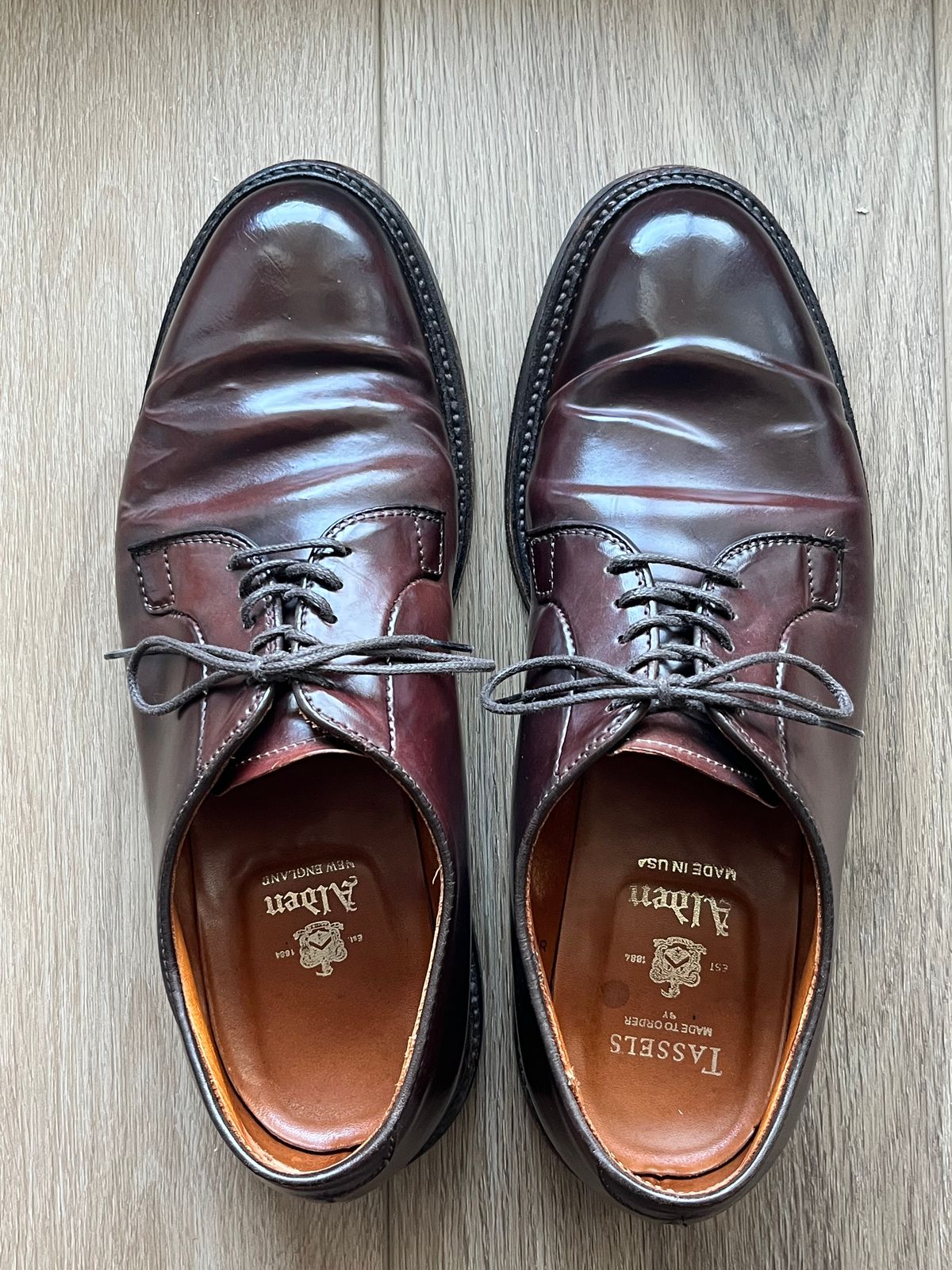 Photo by MukMukSifu on August 11, 2025 of the Alden Plain Toe Blucher in Horween Color 8 Shell Cordovan.