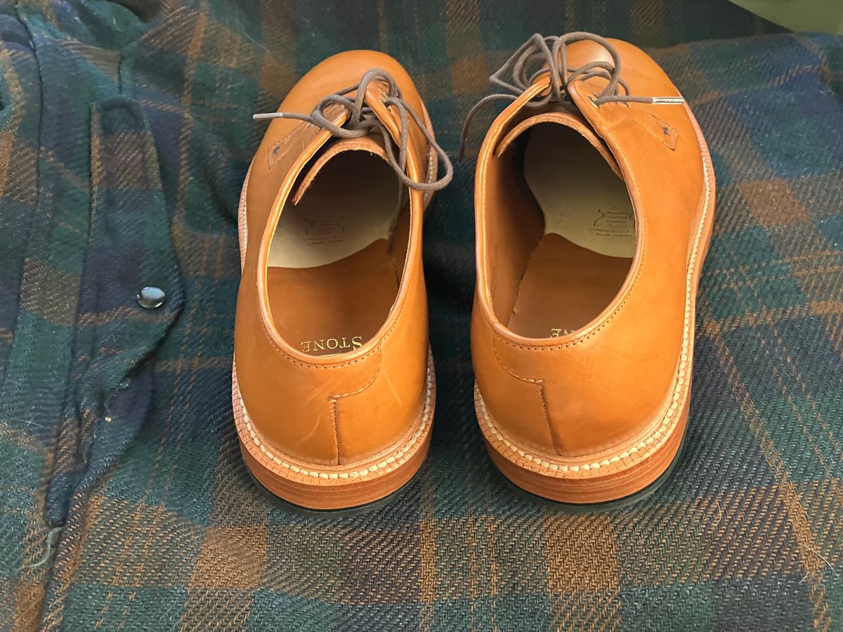 Photo by yoemanrandcorp on October 6, 2024 of the Grant Stone Plain Toe Blucher in Badalassi Carlo Saddle Tan Minerva.