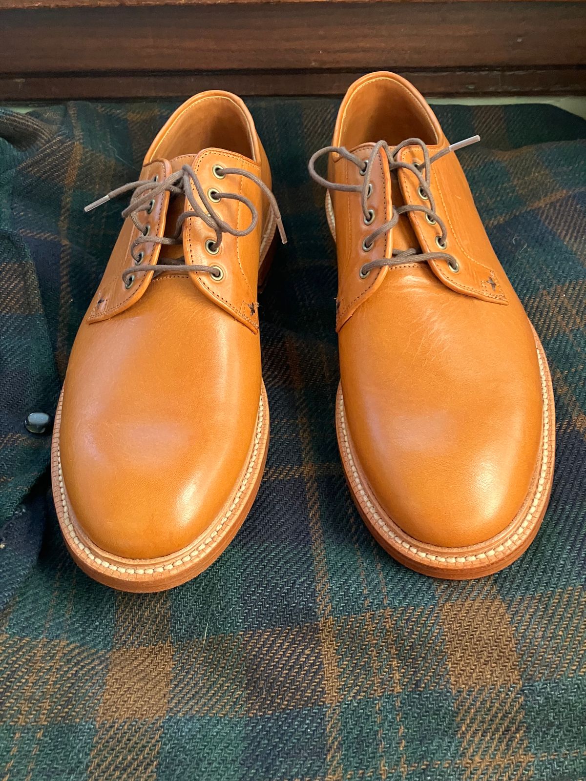 Photo by yoemanrandcorp on October 6, 2024 of the Grant Stone Plain Toe Blucher in Badalassi Carlo Saddle Tan Minerva.