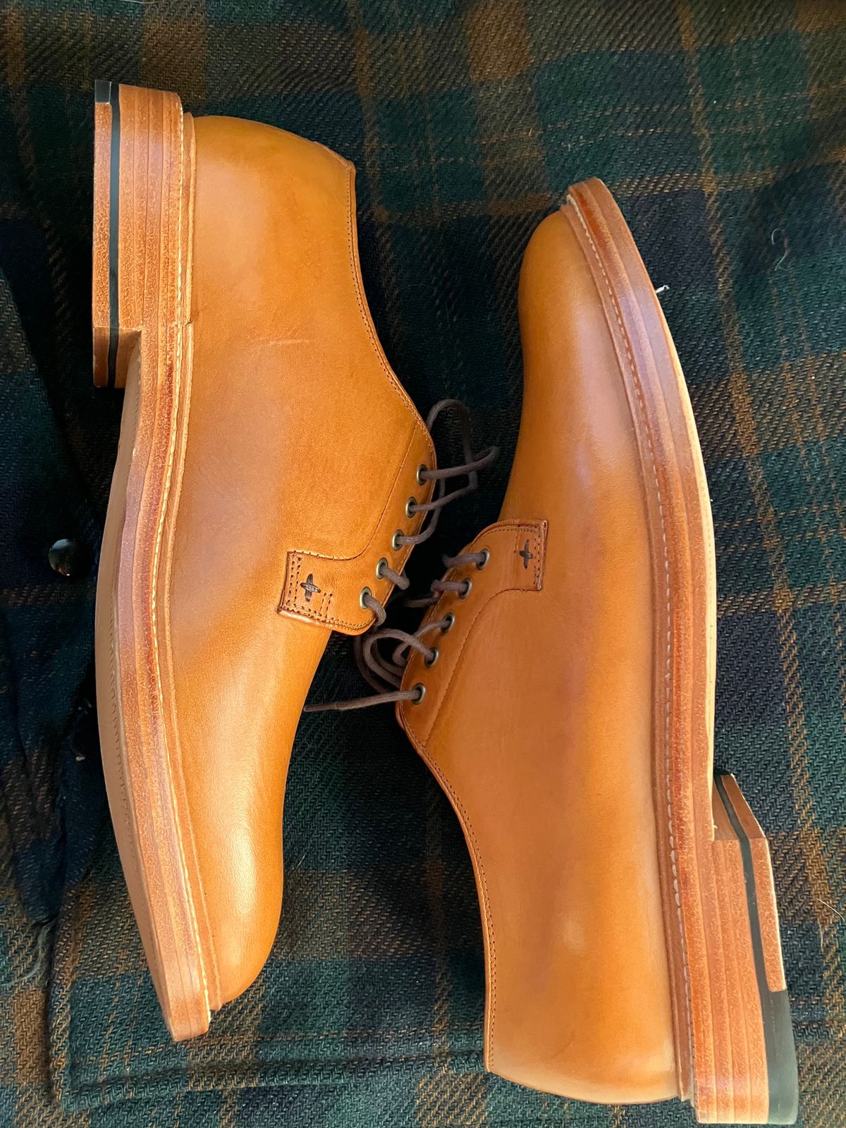 Photo by yoemanrandcorp on October 6, 2024 of the Grant Stone Plain Toe Blucher in Badalassi Carlo Saddle Tan Minerva.