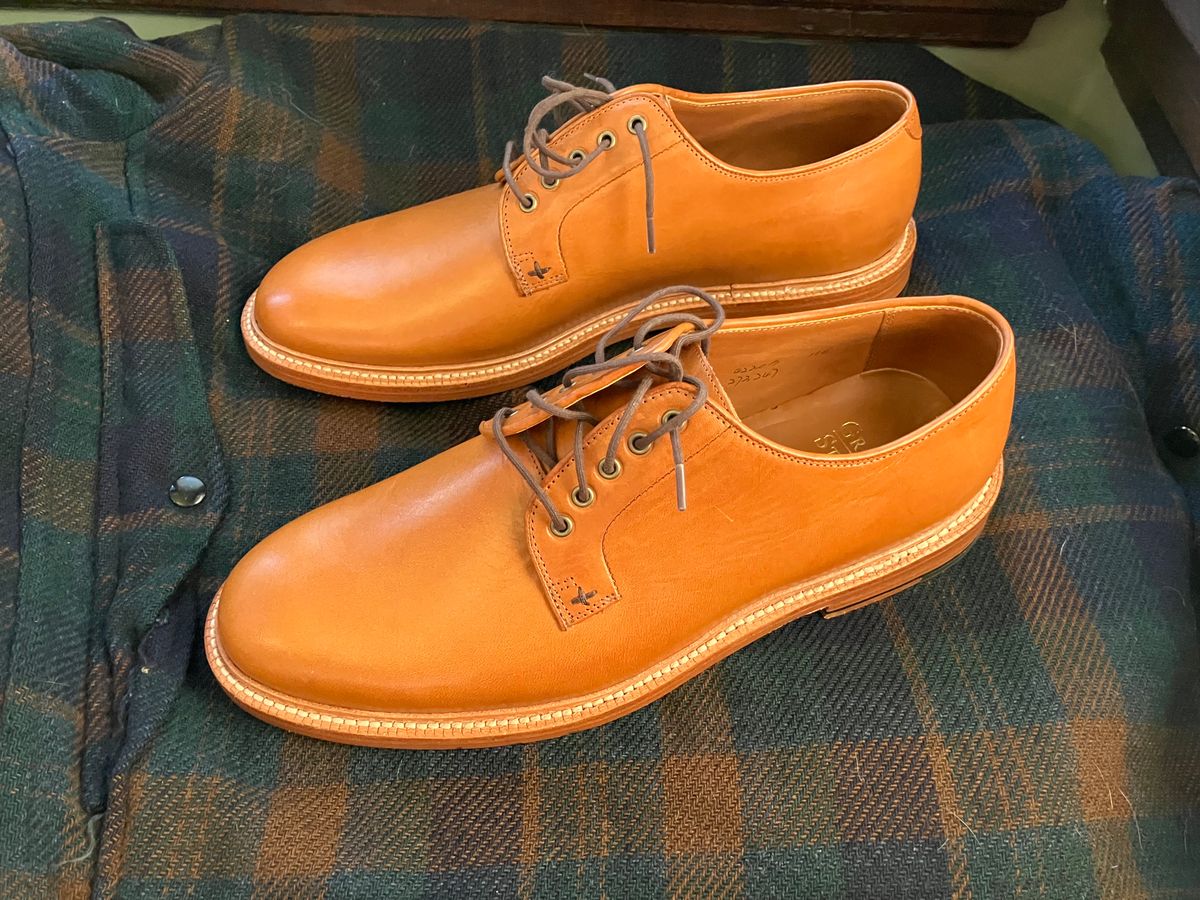 Photo by yoemanrandcorp on October 6, 2024 of the Grant Stone Plain Toe Blucher in Badalassi Carlo Saddle Tan Minerva.