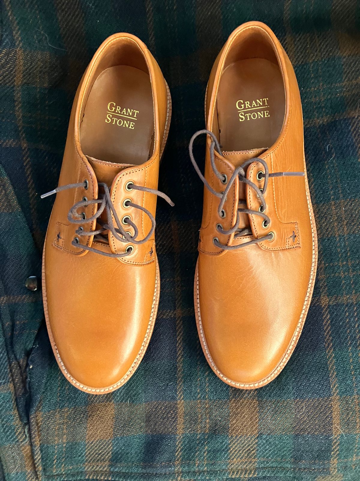 Photo by yoemanrandcorp on October 6, 2024 of the Grant Stone Plain Toe Blucher in Badalassi Carlo Saddle Tan Minerva.