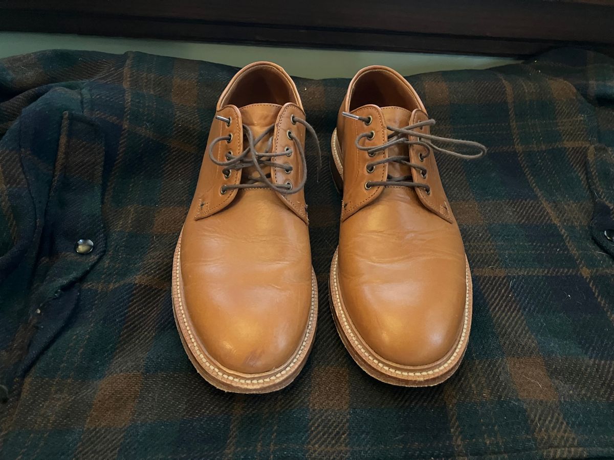 Photo by yoemanrandcorp on November 5, 2024 of the Grant Stone Plain Toe Blucher in Badalassi Carlo Saddle Tan Minerva.