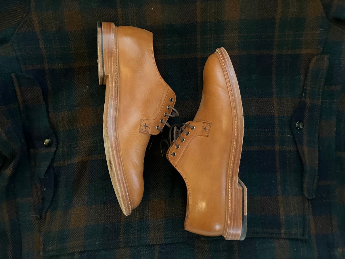 Photo by yoemanrandcorp on November 5, 2024 of the Grant Stone Plain Toe Blucher in Badalassi Carlo Saddle Tan Minerva.