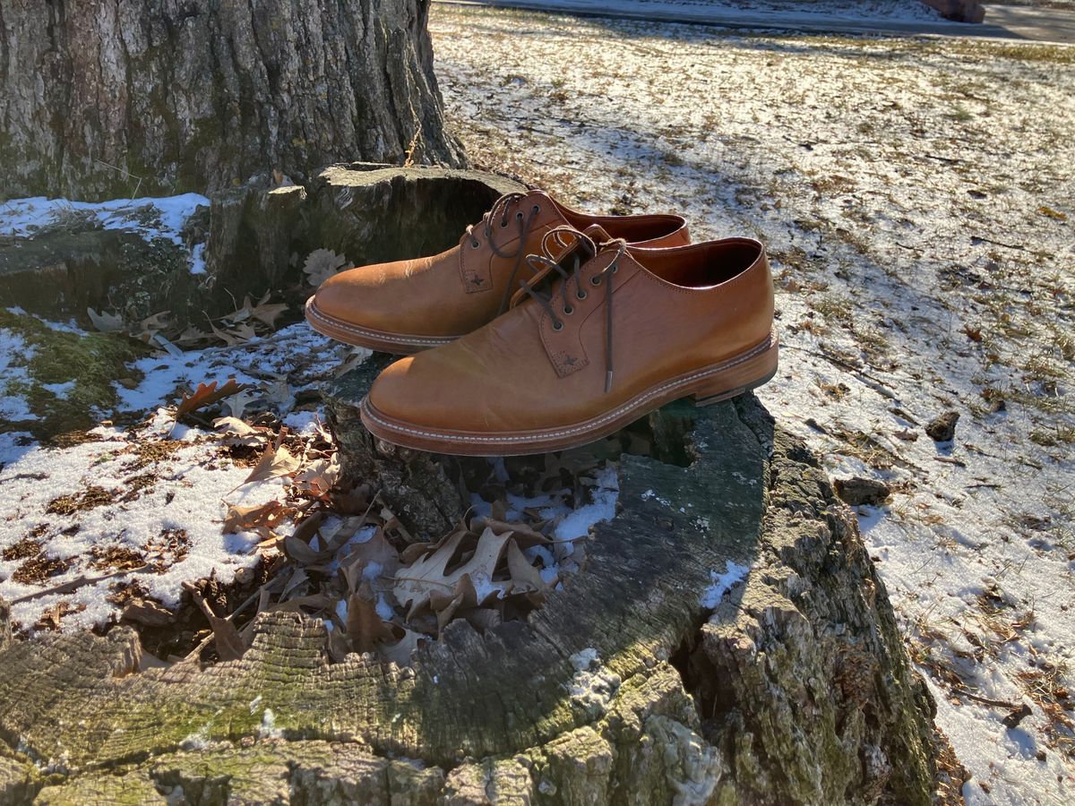Photo by yoemanrandcorp on December 6, 2024 of the Grant Stone Plain Toe Blucher in Badalassi Carlo Saddle Tan Minerva.