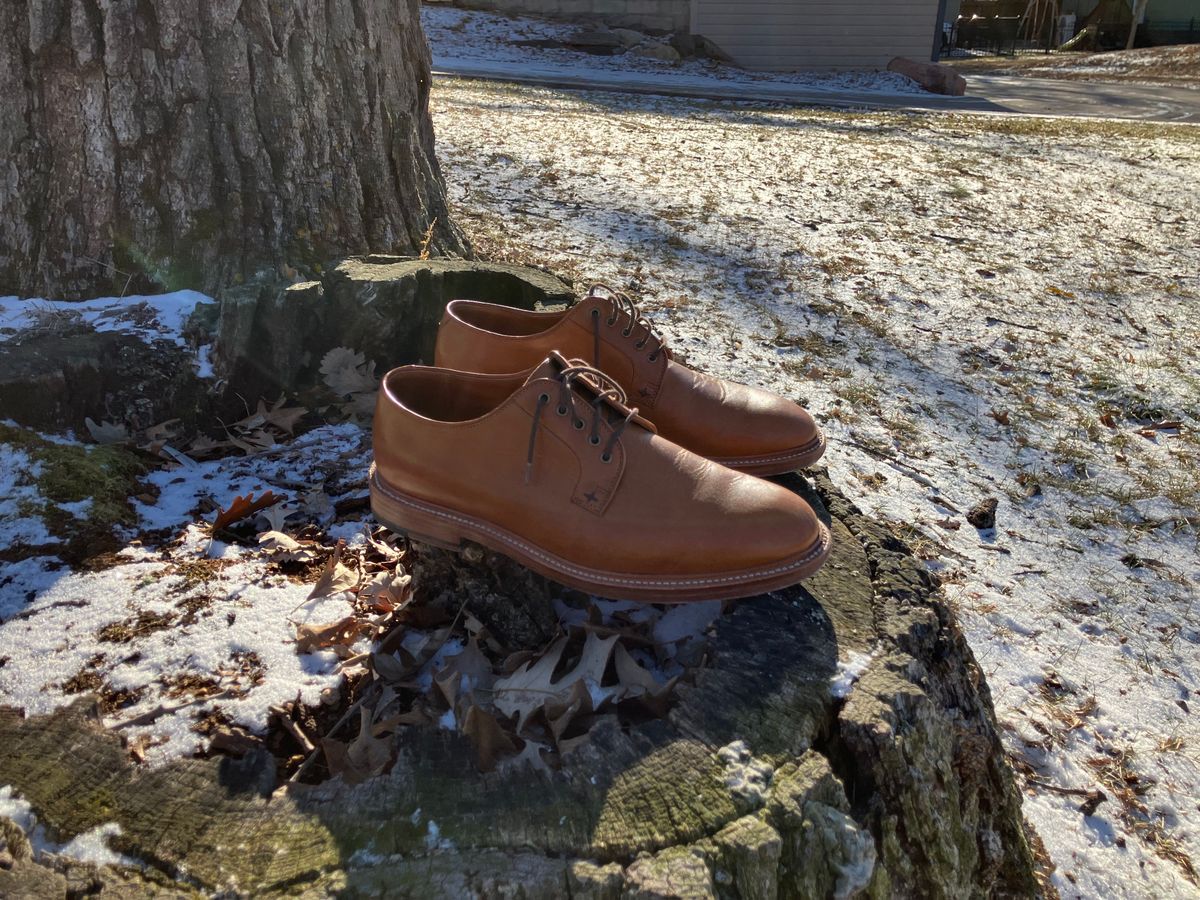 Photo by yoemanrandcorp on December 6, 2024 of the Grant Stone Plain Toe Blucher in Badalassi Carlo Saddle Tan Minerva.