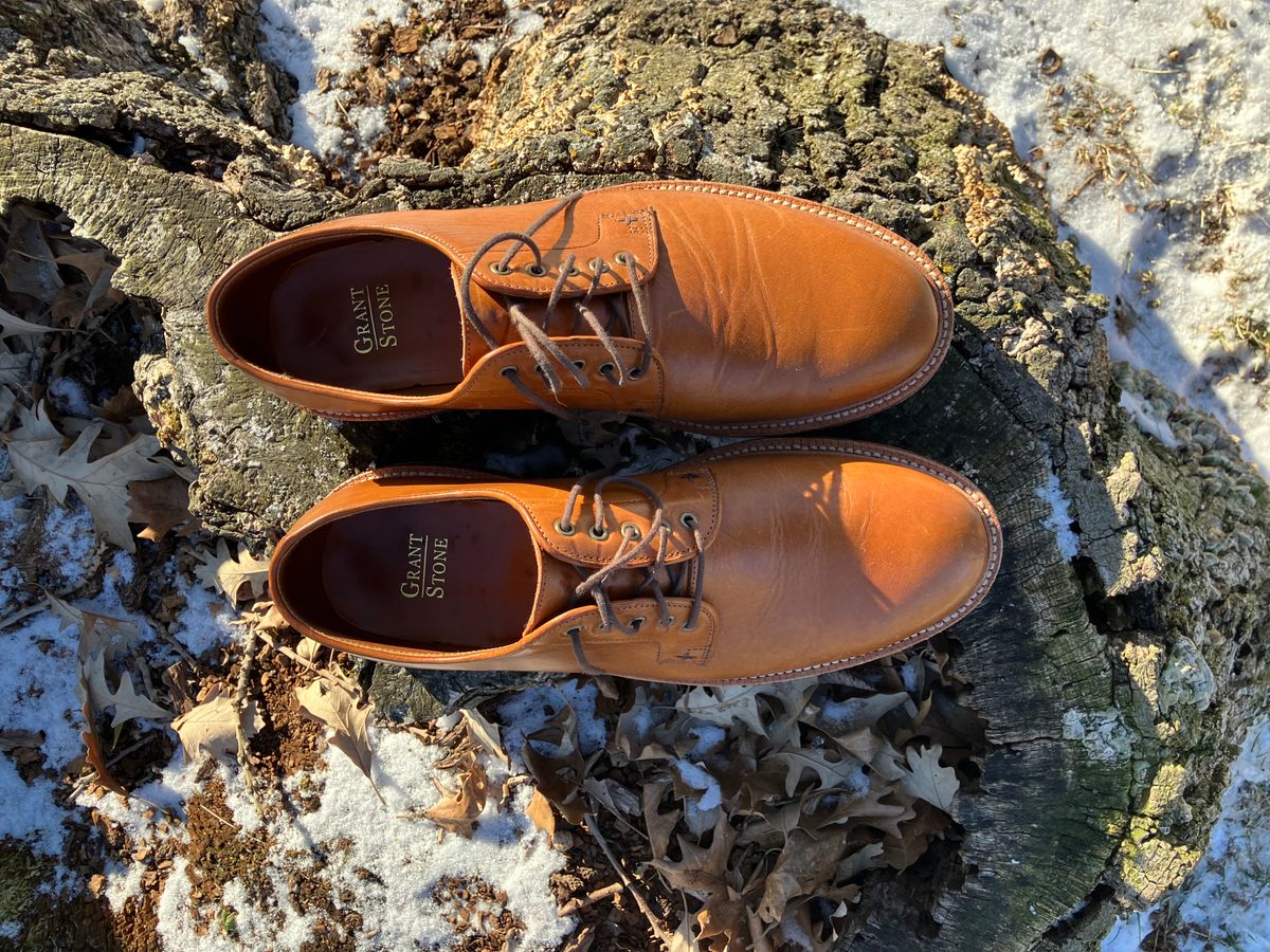 Photo by yoemanrandcorp on December 6, 2024 of the Grant Stone Plain Toe Blucher in Badalassi Carlo Saddle Tan Minerva.