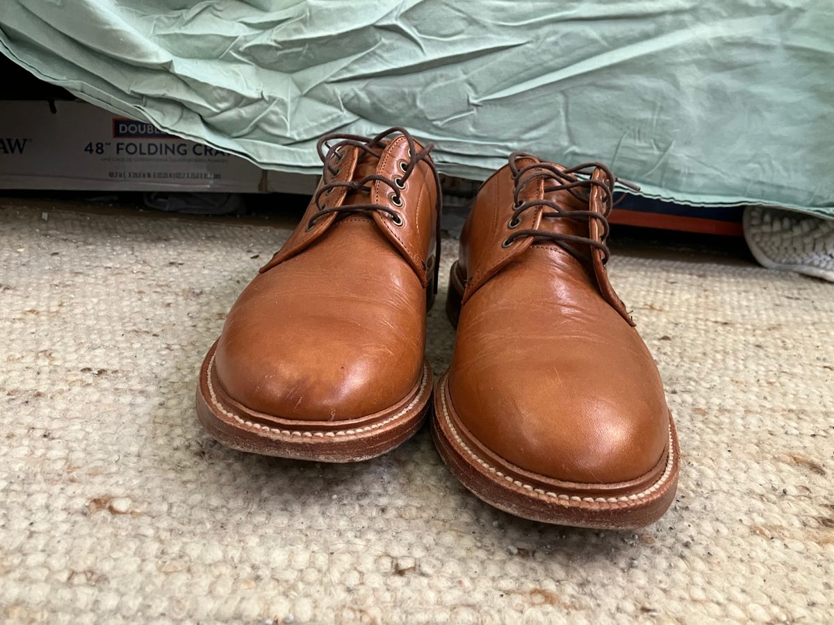 Photo by yoemanrandcorp on January 5, 2025 of the Grant Stone Plain Toe Blucher in Badalassi Carlo Saddle Tan Minerva.