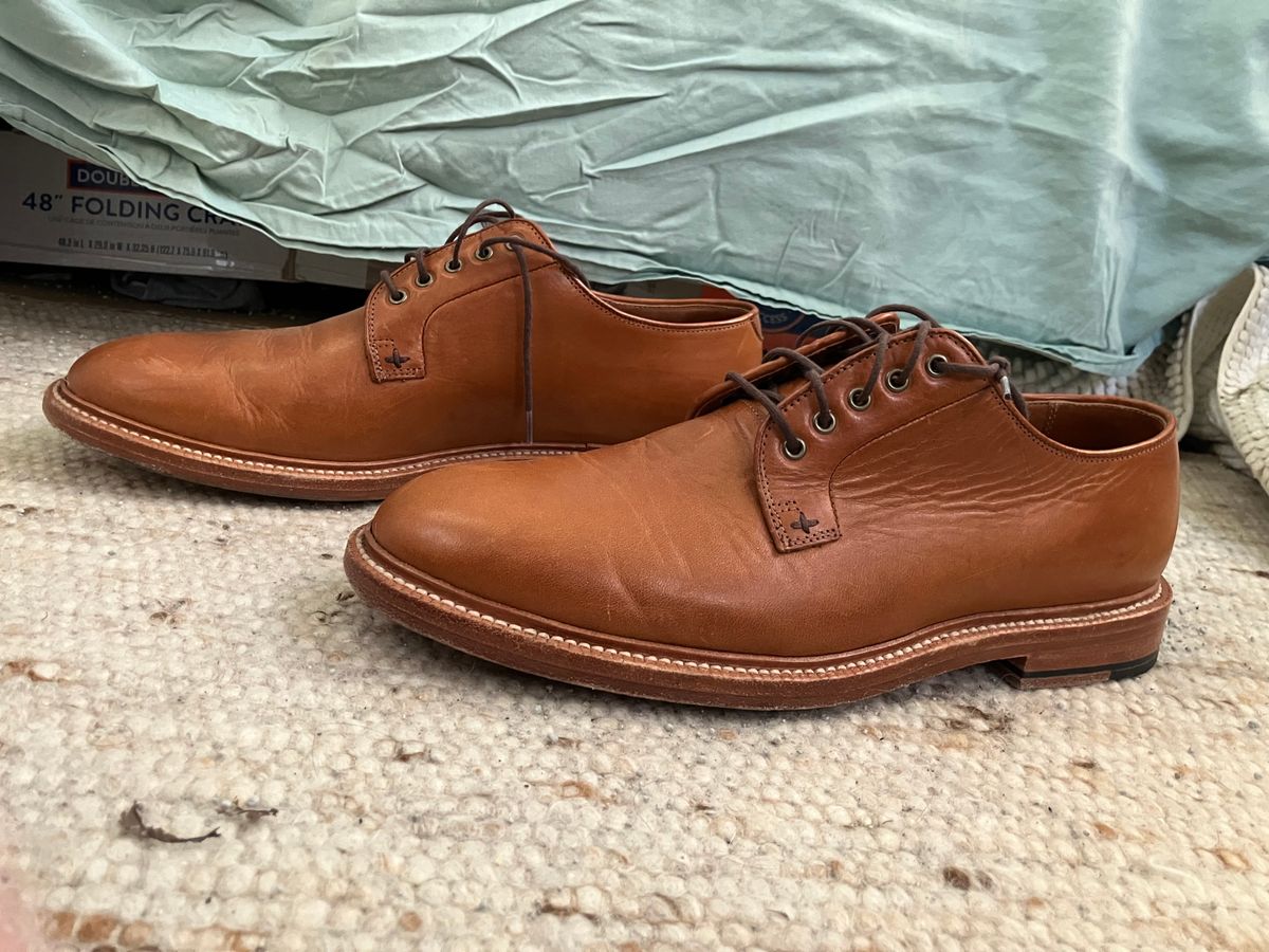 Photo by yoemanrandcorp on January 5, 2025 of the Grant Stone Plain Toe Blucher in Badalassi Carlo Saddle Tan Minerva.