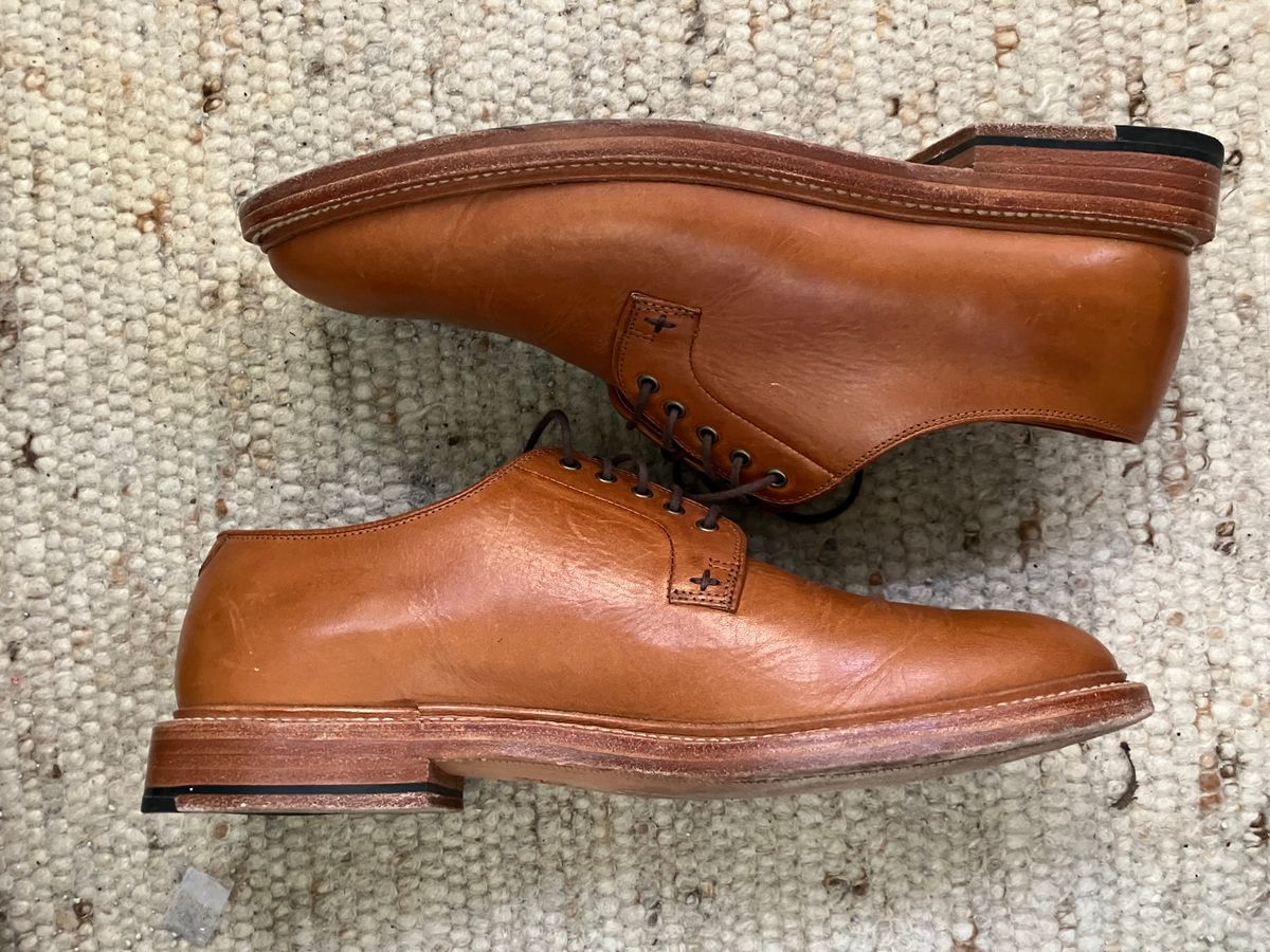 Photo by yoemanrandcorp on January 5, 2025 of the Grant Stone Plain Toe Blucher in Badalassi Carlo Saddle Tan Minerva.