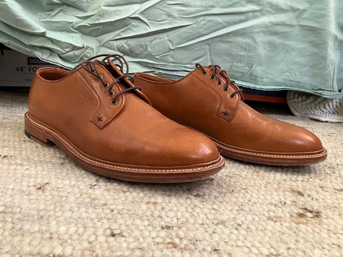 Photo by yoemanrandcorp on January 5, 2025 of the Grant Stone Plain Toe Blucher in Badalassi Carlo Saddle Tan Minerva.