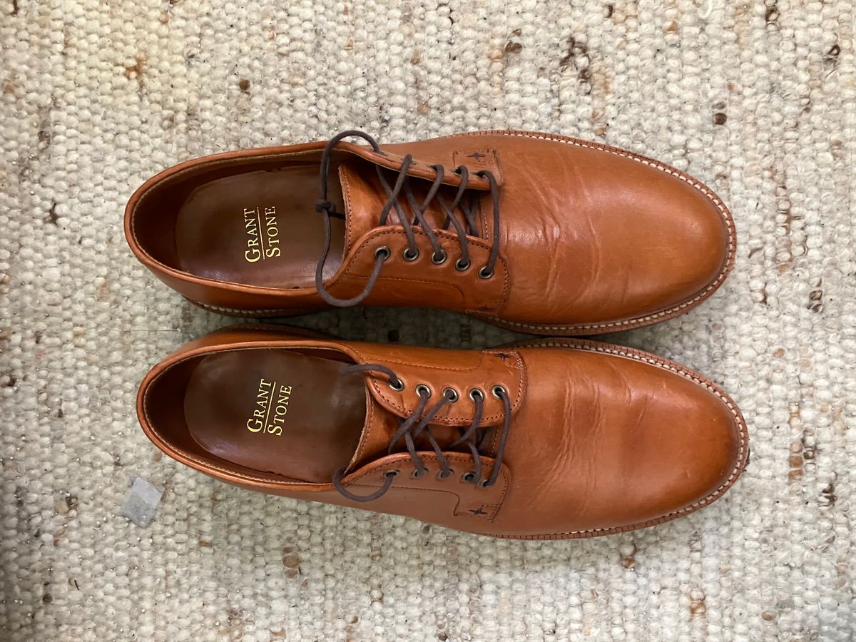 Photo by yoemanrandcorp on January 5, 2025 of the Grant Stone Plain Toe Blucher in Badalassi Carlo Saddle Tan Minerva.