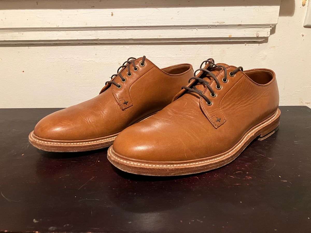 Photo by yoemanrandcorp on February 6, 2025 of the Grant Stone Plain Toe Blucher in Badalassi Carlo Saddle Tan Minerva.