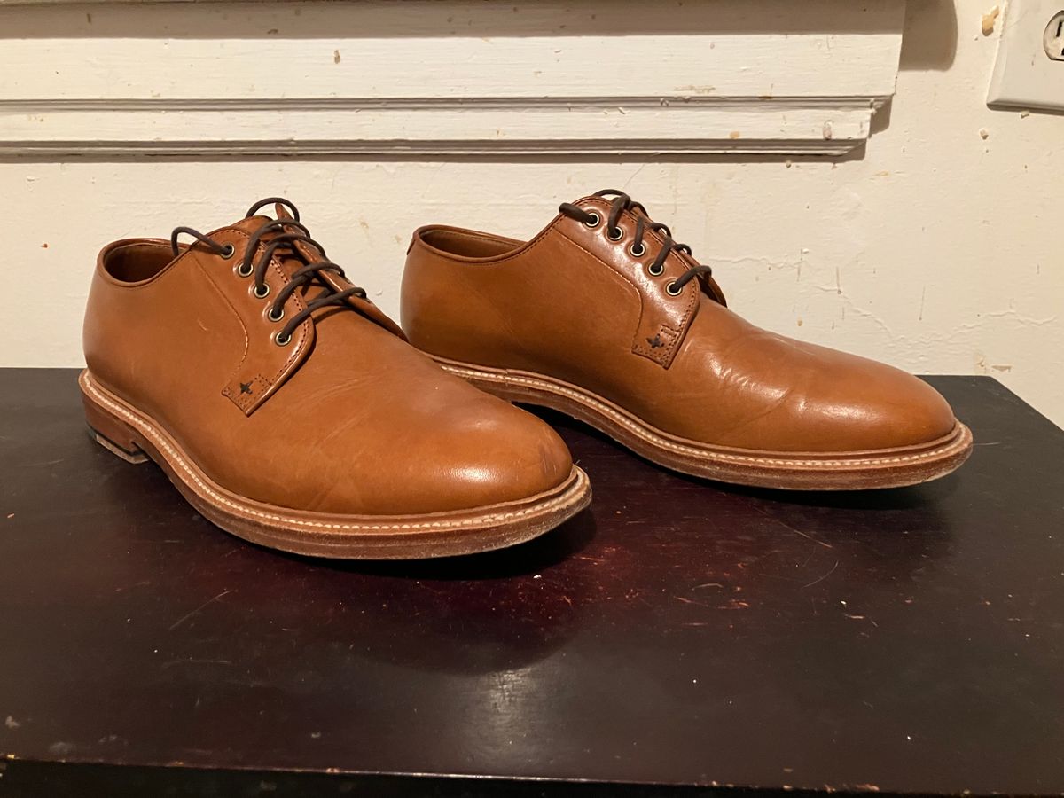 Photo by yoemanrandcorp on February 6, 2025 of the Grant Stone Plain Toe Blucher in Badalassi Carlo Saddle Tan Minerva.