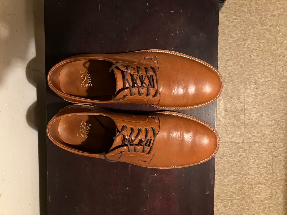 Photo by yoemanrandcorp on February 6, 2025 of the Grant Stone Plain Toe Blucher in Badalassi Carlo Saddle Tan Minerva.