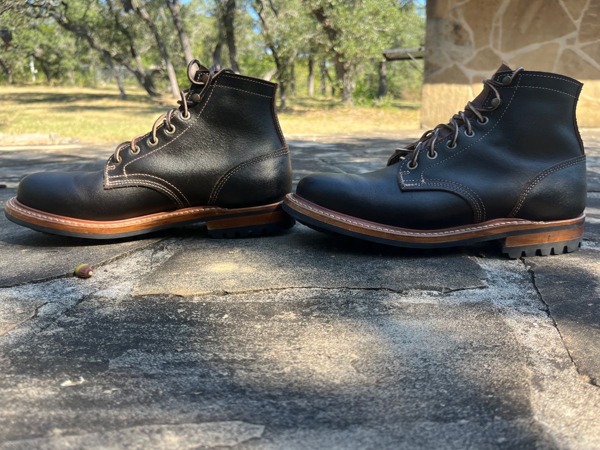 Photo by Grumpy on October 1, 2025 of the Truman Plain Toe Boot in Horween Java Waxed Flesh.