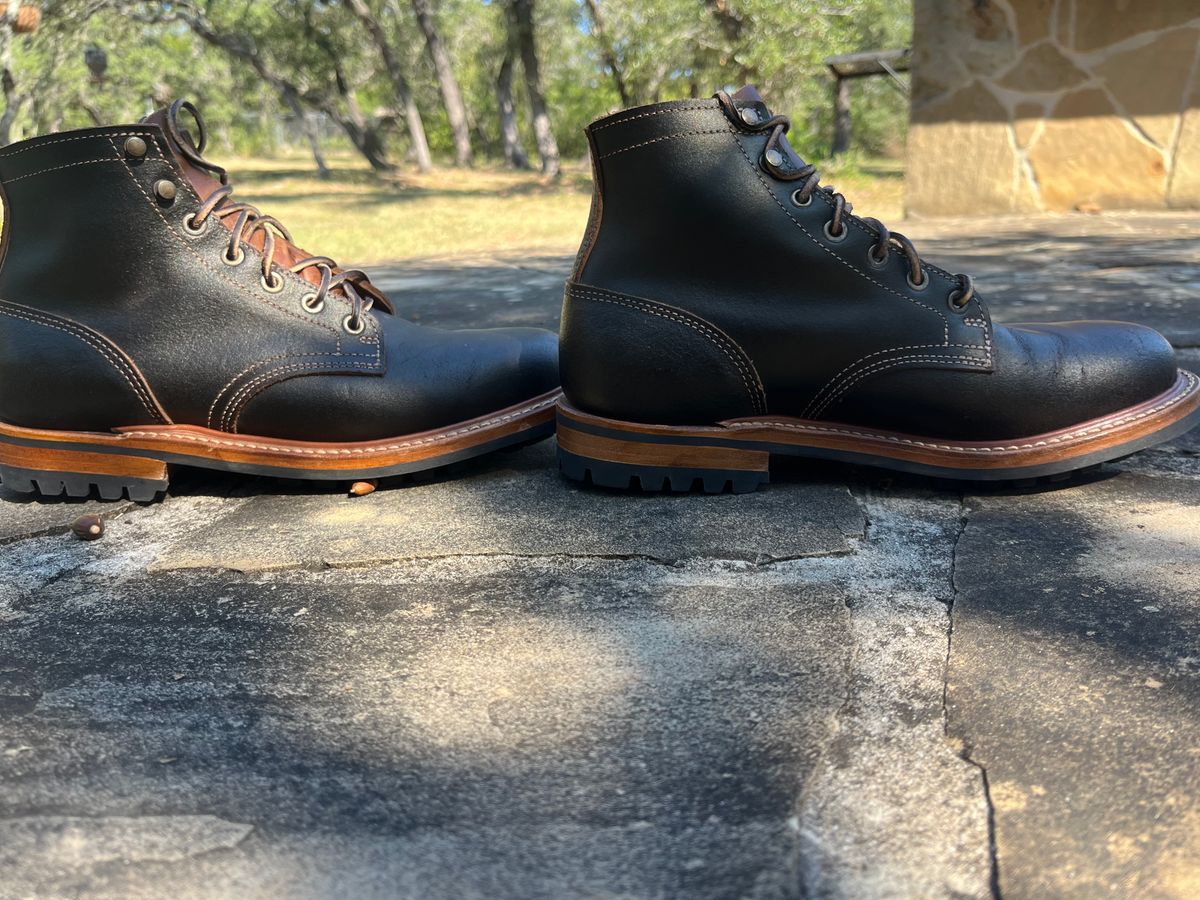 Photo by Grumpy on October 1, 2025 of the Truman Plain Toe Boot in Horween Java Waxed Flesh.