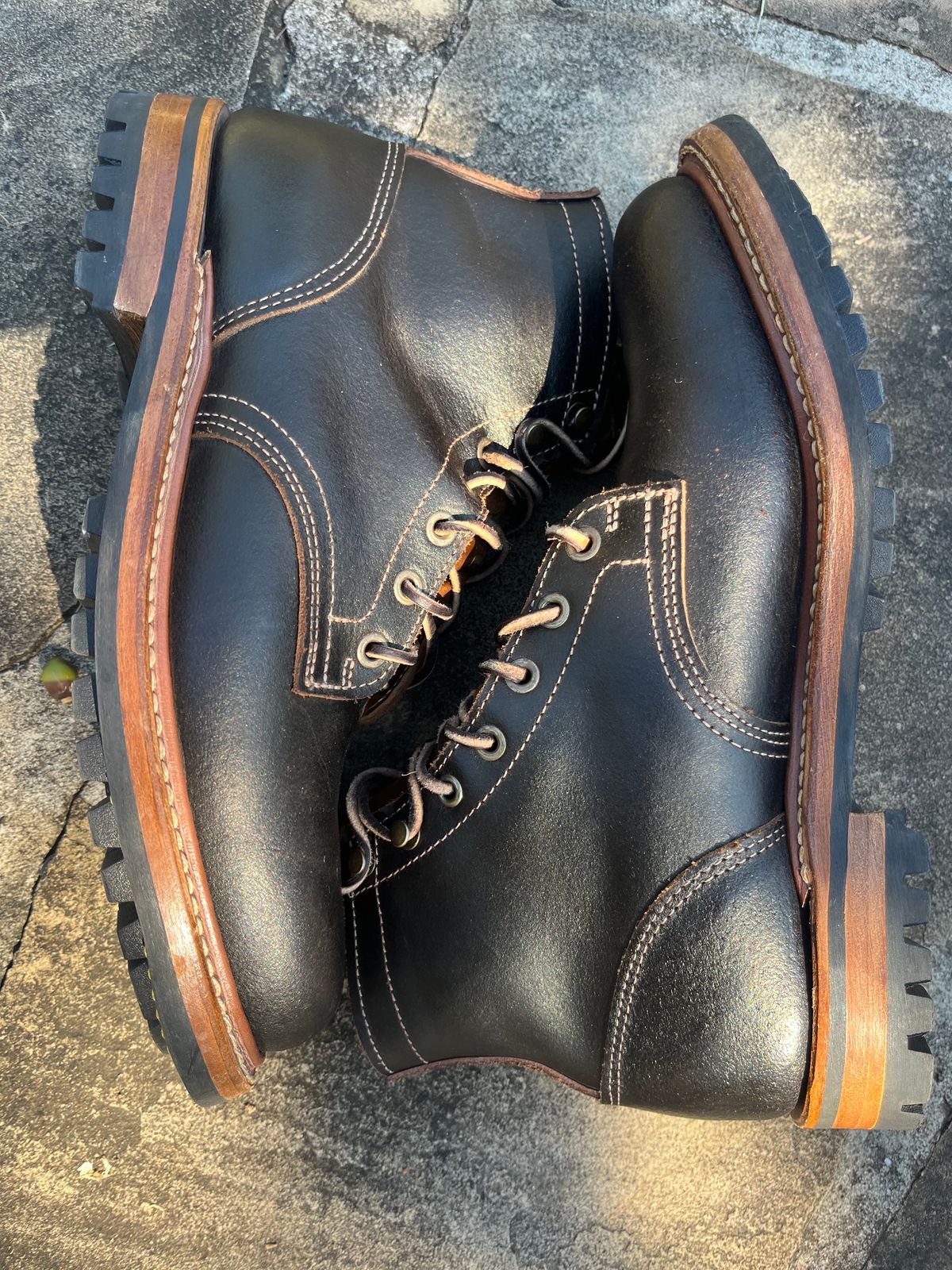 Photo by Grumpy on October 1, 2025 of the Truman Plain Toe Boot in Horween Java Waxed Flesh.